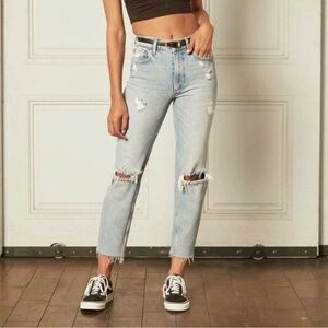 Boyish The Tommy Stretch High Rise Distressed Straight Jeans.